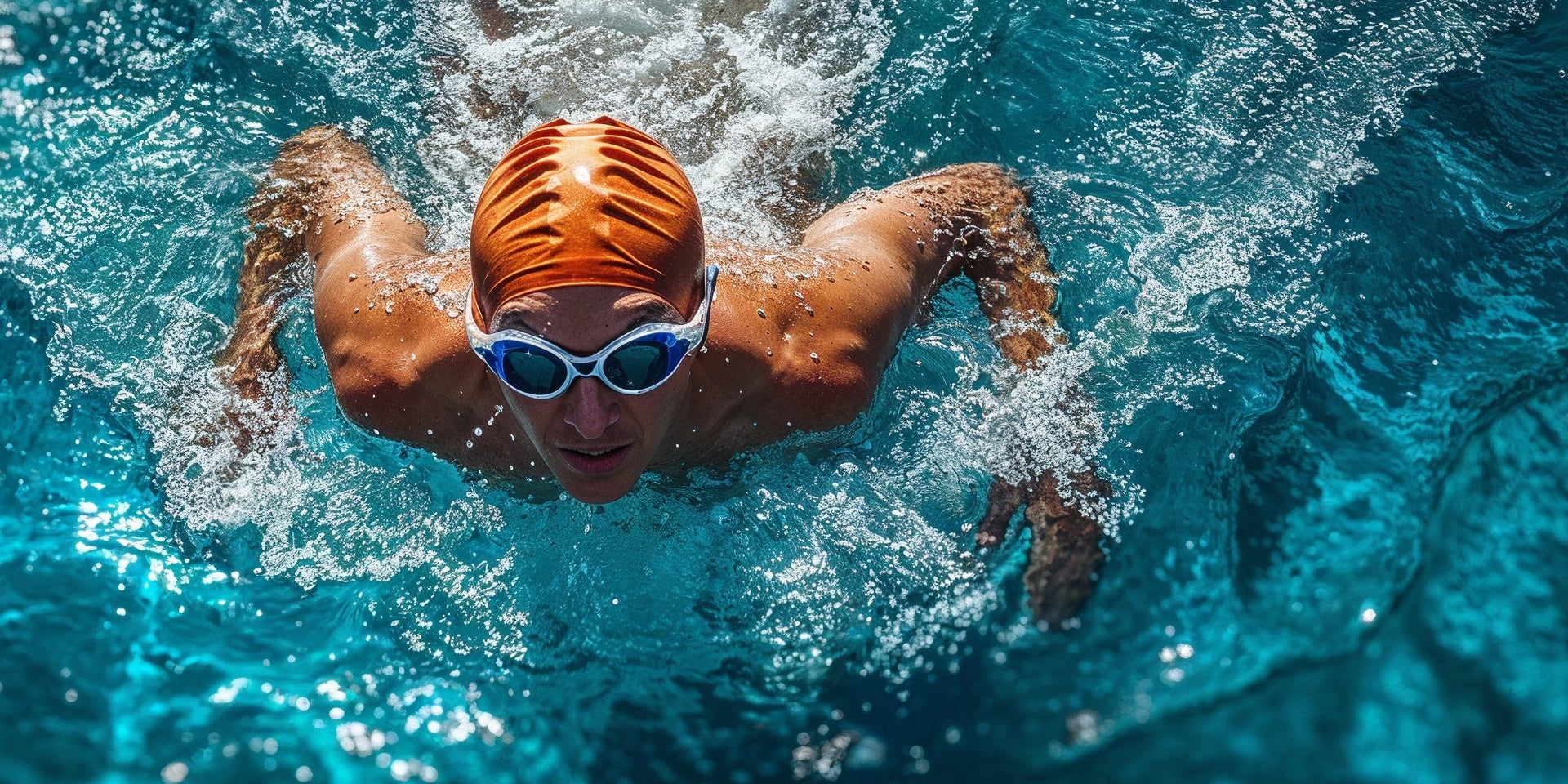 man swimming with gogles and swimming cap on