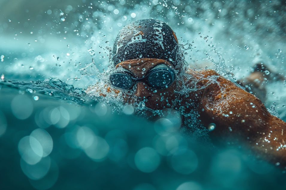 swimmer with googles and cap splashing water while swimming