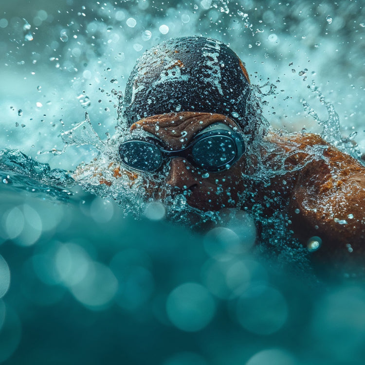 swimmer with googles and cap splashing water while swimming